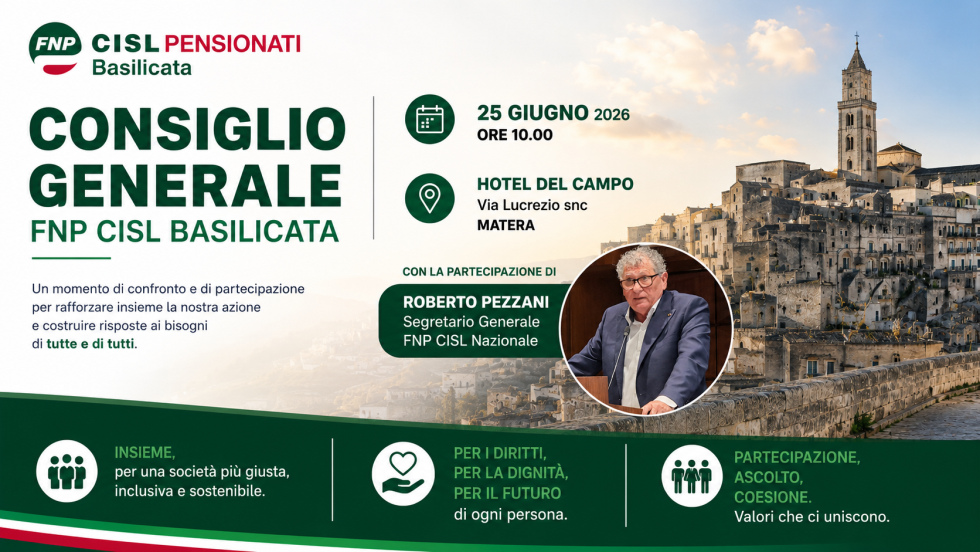 Domani a Matera riunione del Consiglio generale della Fnp Cisl Basilicata con il leader nazionale Roberto Pezzani